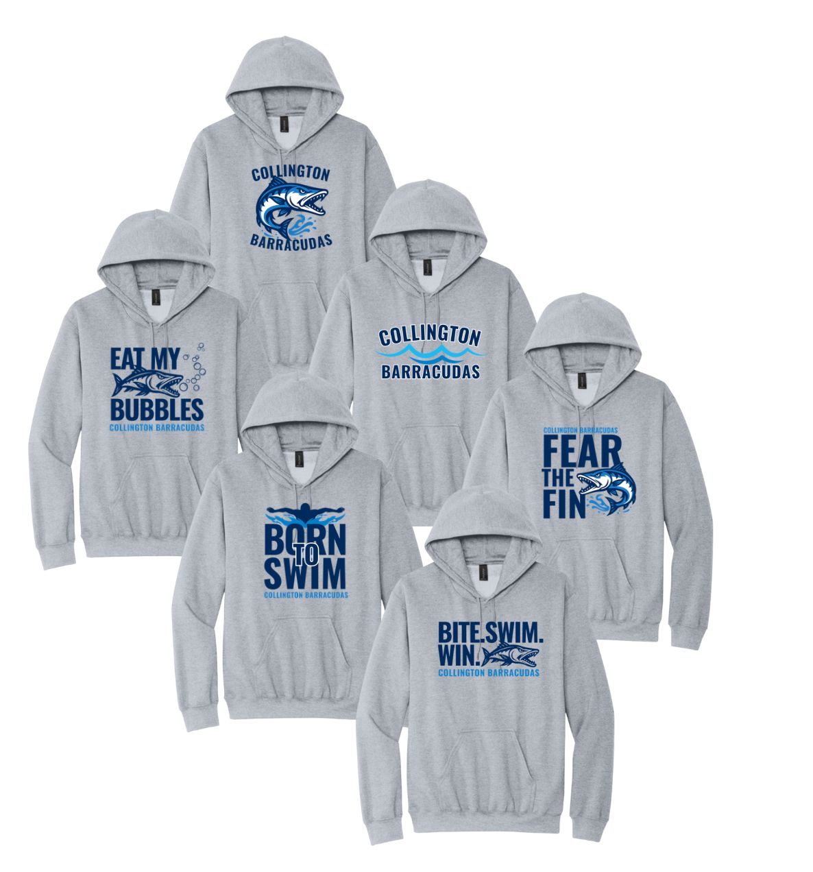 Collington Barracudas Hoodie Sweatshirt - Sport Grey - 6 Design Options - Youth & Adult Sizes