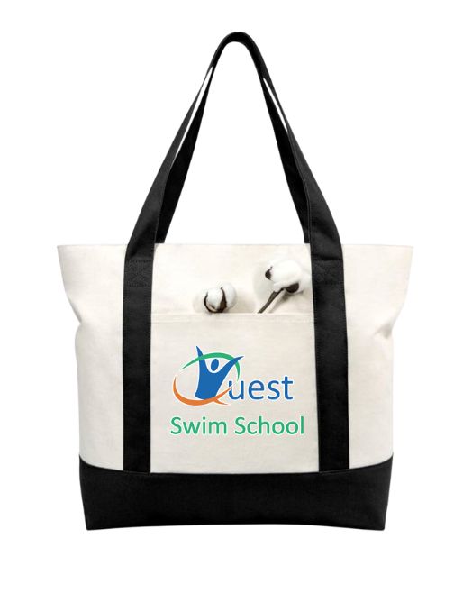 Quest Swim School  Canvas Tote Bag - Black/Natural - LARGE with ZIPPER