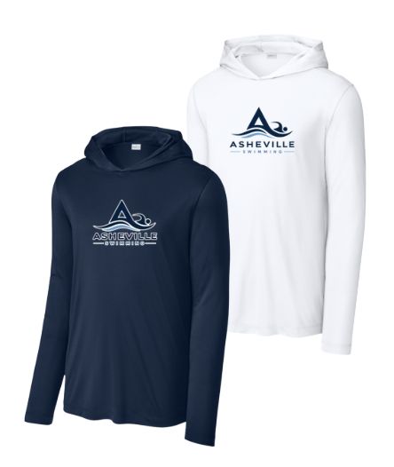 Asheville Swimming UV PRO Long Sleeve Hoodie Tee - White, Navy or Aqua - Adult Sizing Only