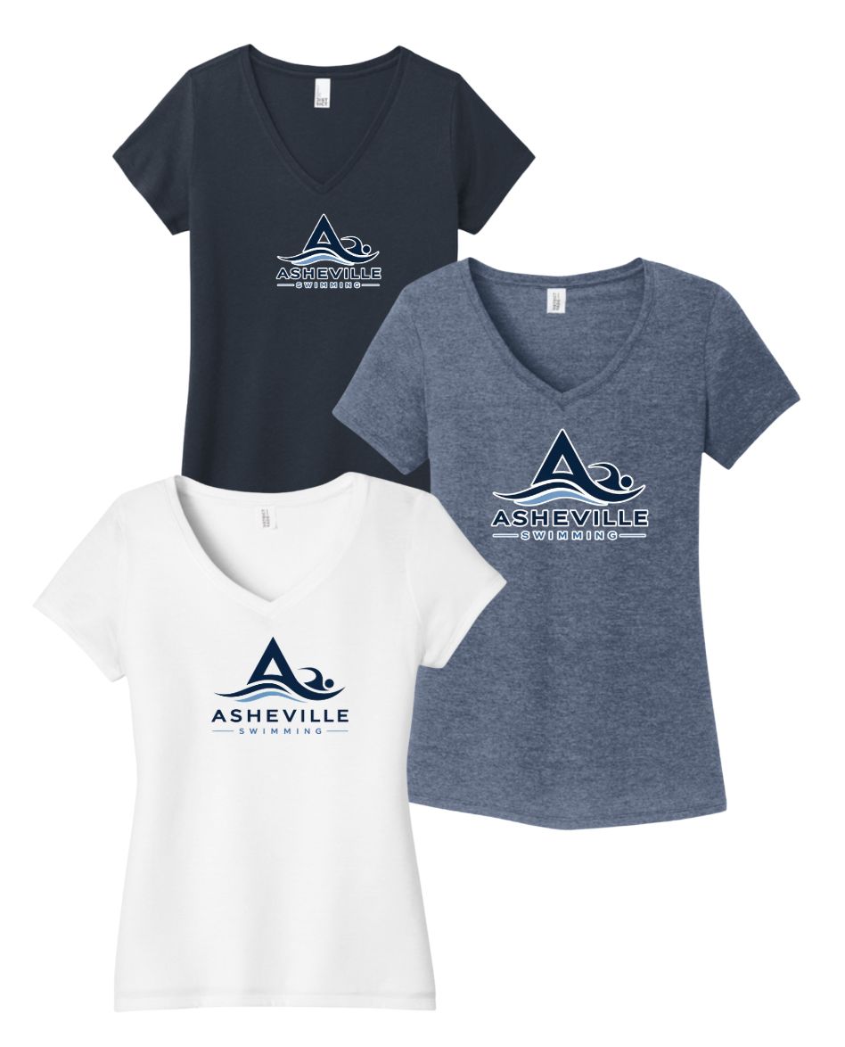 Asheville Swimming Ladies V-NECK T-Shirt - White, Navy or Navy Frost - Adult Ladies Asheville Swimming Ladies V-NECK T-Shirt - White, Navy or Navy Frost - Adult Ladies