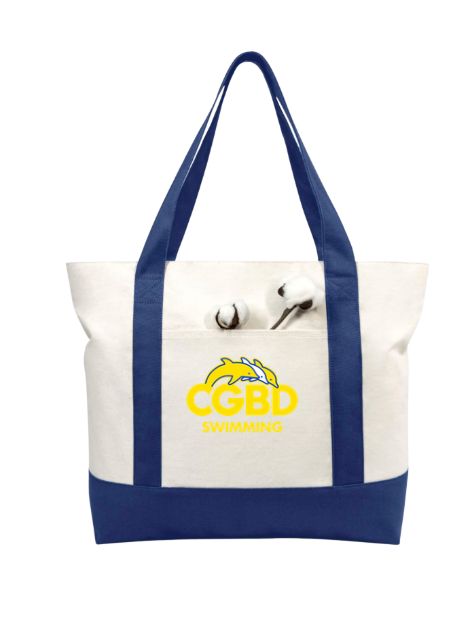 CGBD Swimming Custom Canvas Tote Bag - Blue/Natural - LARGE with ZIPPER - Embroidered Logo CGBD Swimming Custom Canvas Tote Bag - Blue/Natural - LARGE with ZIPPER - Embroidered Logo