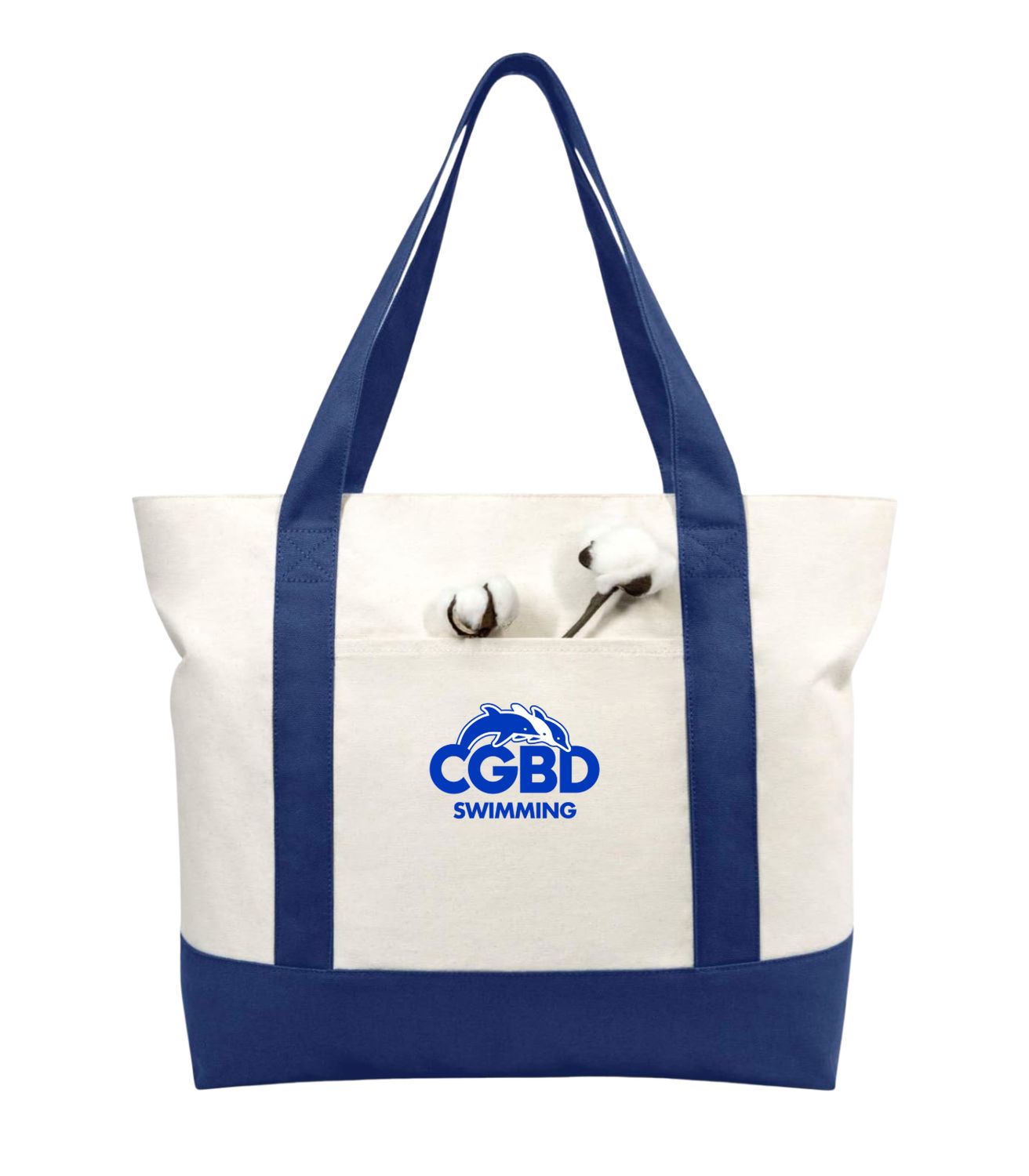 CGBD Swimming Custom Canvas Tote Bag - Blue/Natural - LARGE with ZIPPER - Embroidered Logo