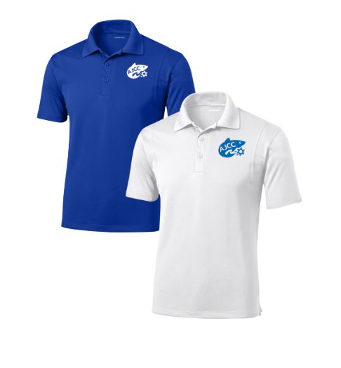 Asheville AJCC Swimming Team Embroidered Mens Moisture Wick Polo - White or Royal