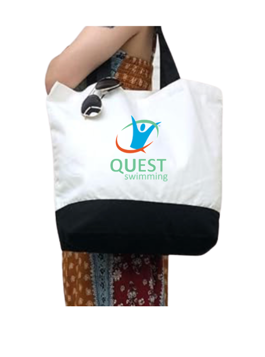 Quest Swimming Canvas Tote Bag - White & Black or White & Green - Embroidered Logo
