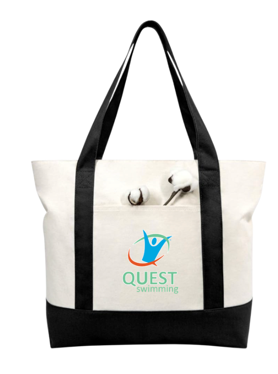Quest Swimming Custom Canvas Tote Bag - Black/Natural or Green/Natural - LARGE with ZIPPER - Embroidered Logo