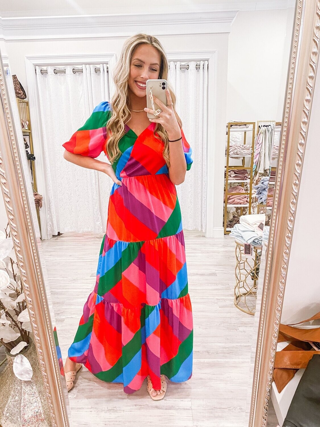 Puff Sleeves Patterned Stripes Maxi Dress - Rainbow