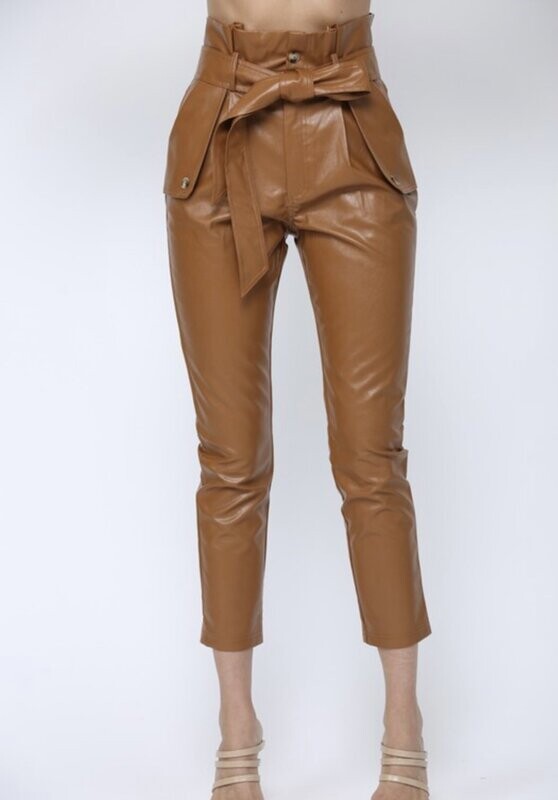 High Paperbag Waist Pleather Pants - Camel