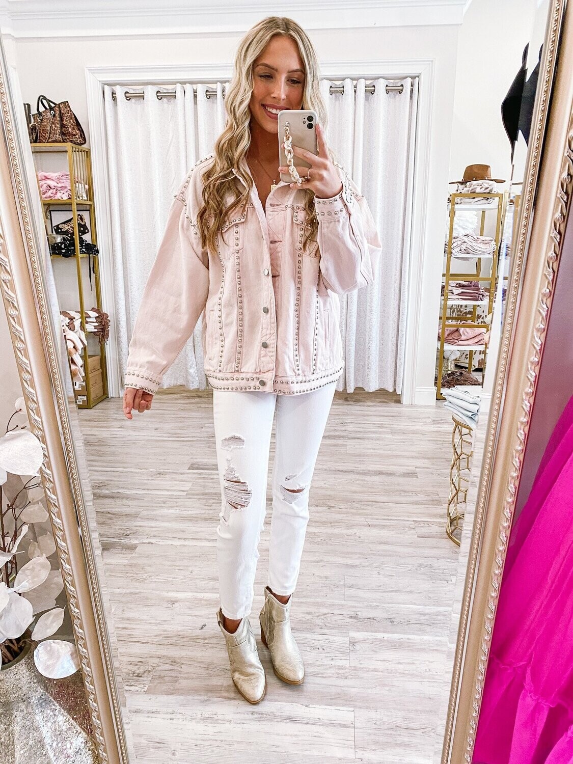 Studded Denim Jacket - Pink