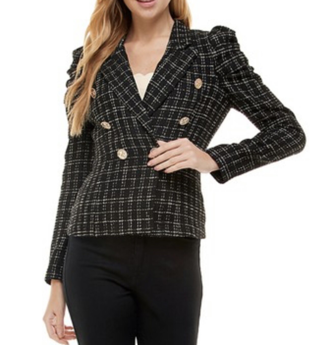 Puff Sleeves Tweed Blazer - Black
