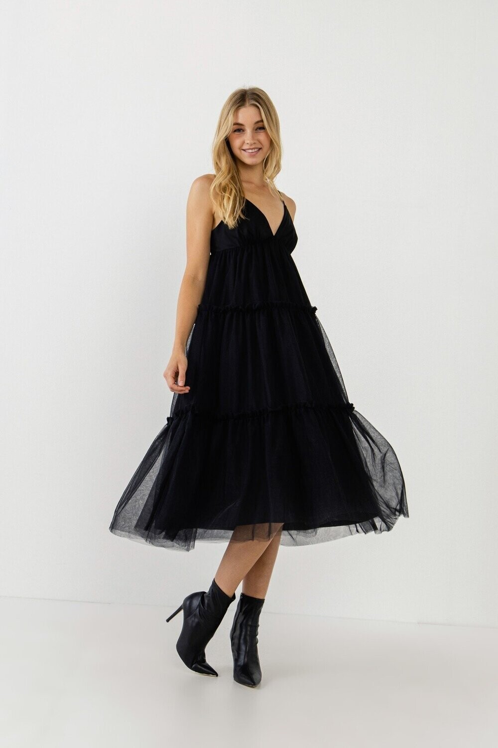Tulle Detail Midi Dress - Black