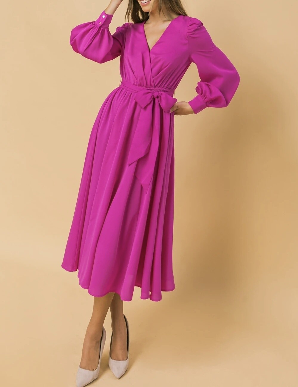 JD7355 Tie Detail Midi Dress - Fuchsia