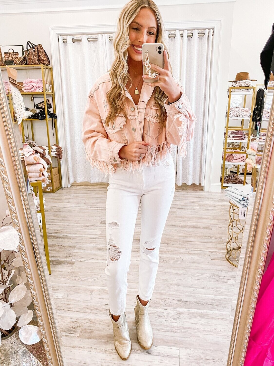 SMJ203 Fringe Denim Jacket - Rose Pink