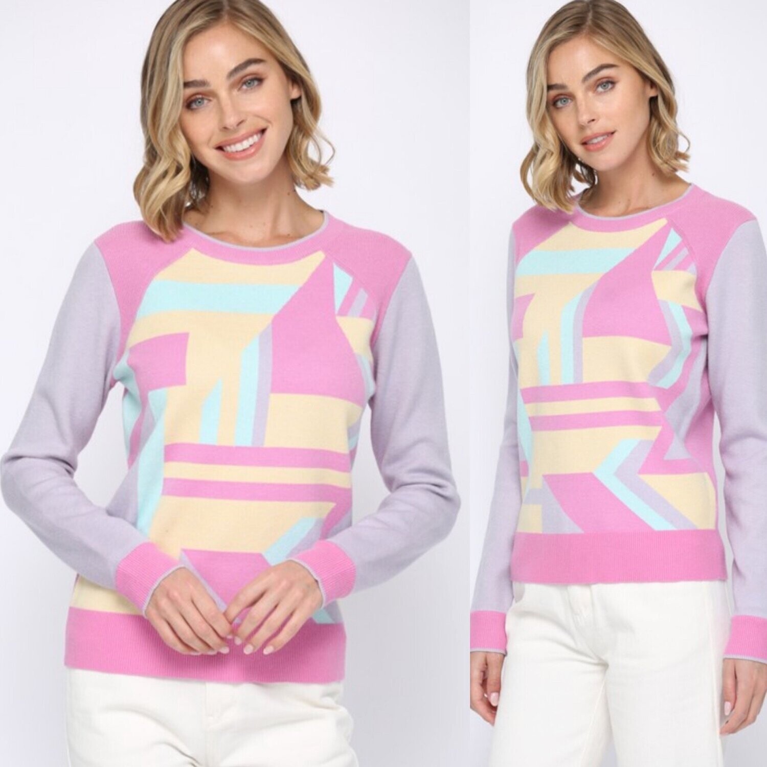 Geo Print Sweater - Hot Pink