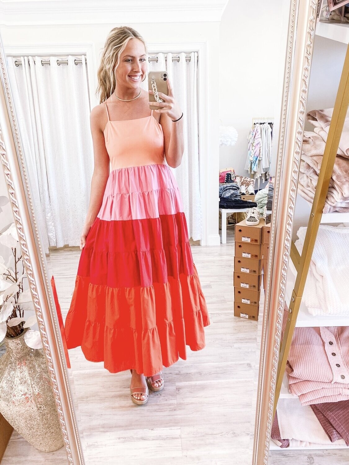 Color Block Spaghetti  Maxi Dress - Pink/Red/Orange