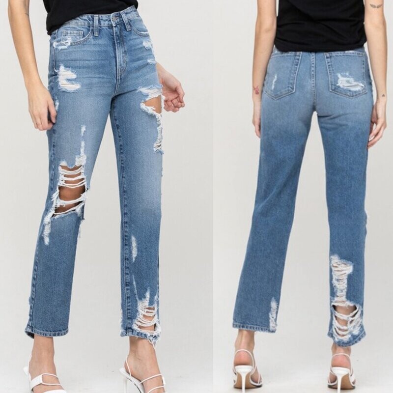 High Rise Distressed Straight Jeans