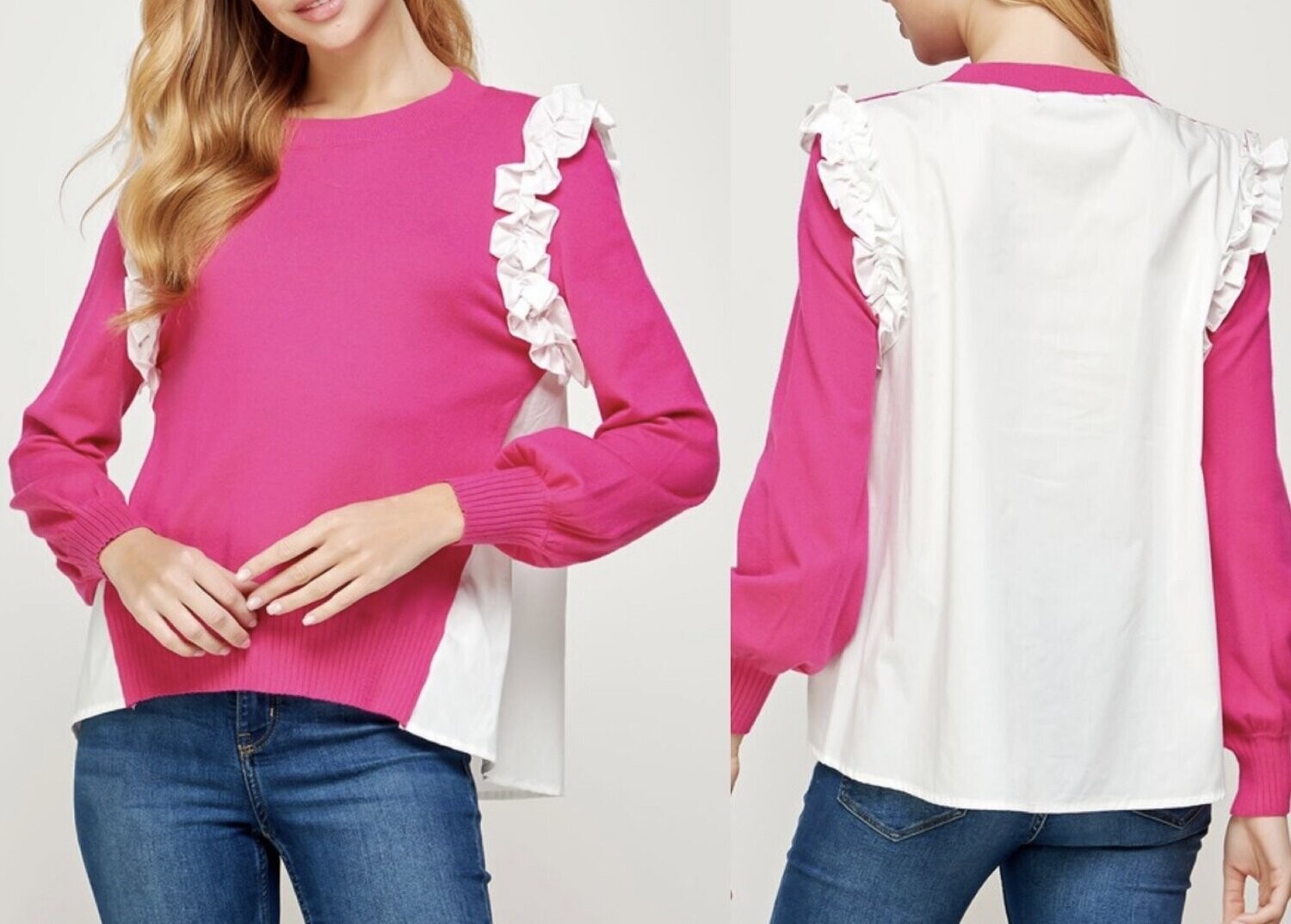 Poplin Contrast Ruffle Detail Top - Fuchsia