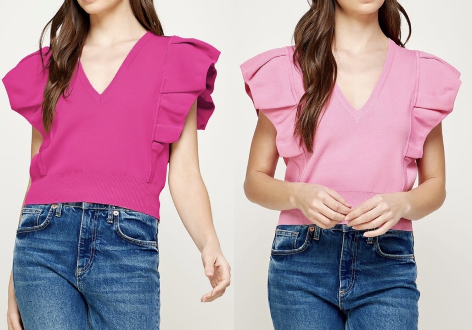 Pleated Ruffle Sleeves Knit Top