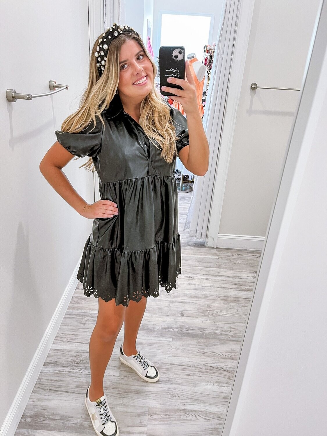 Laser Cut Collared Pleather Dress - Black