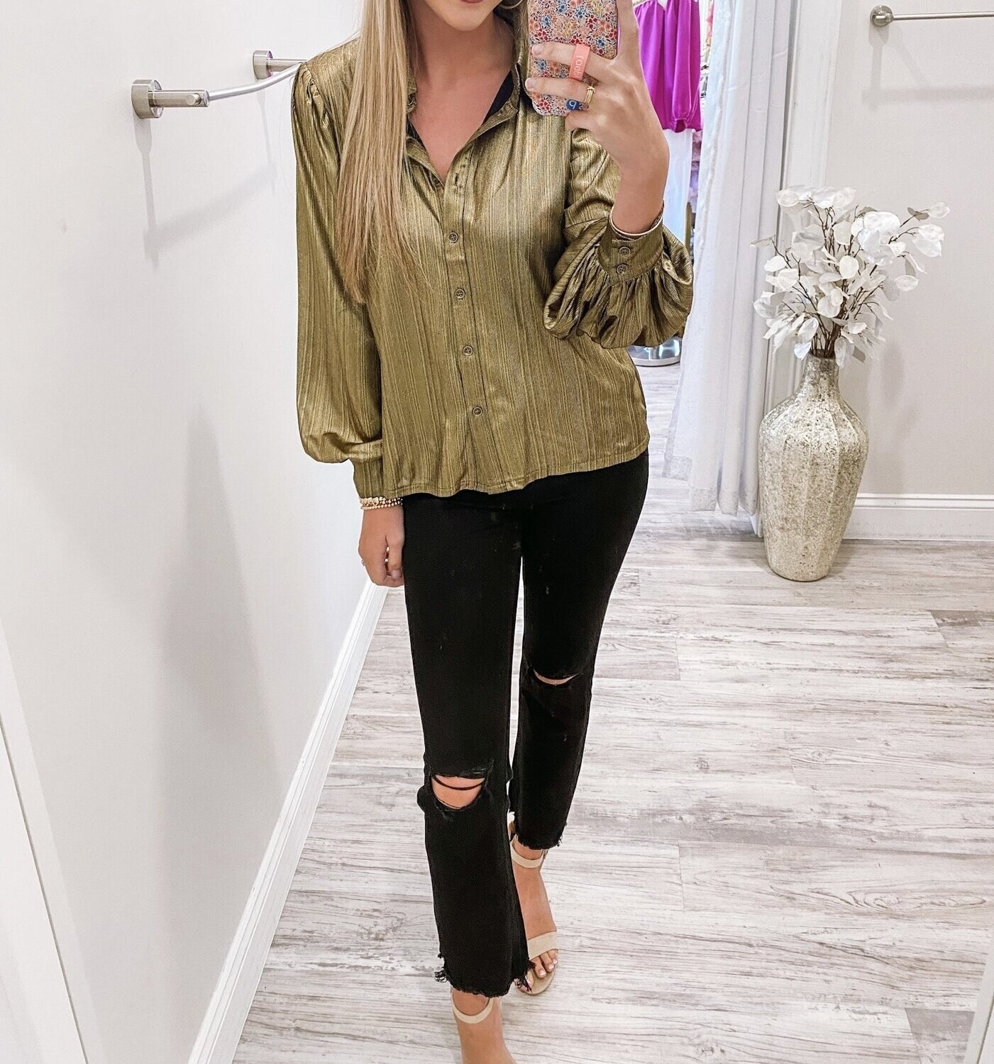 Foil Shimmer Button Down Shirt - Black/Gold
