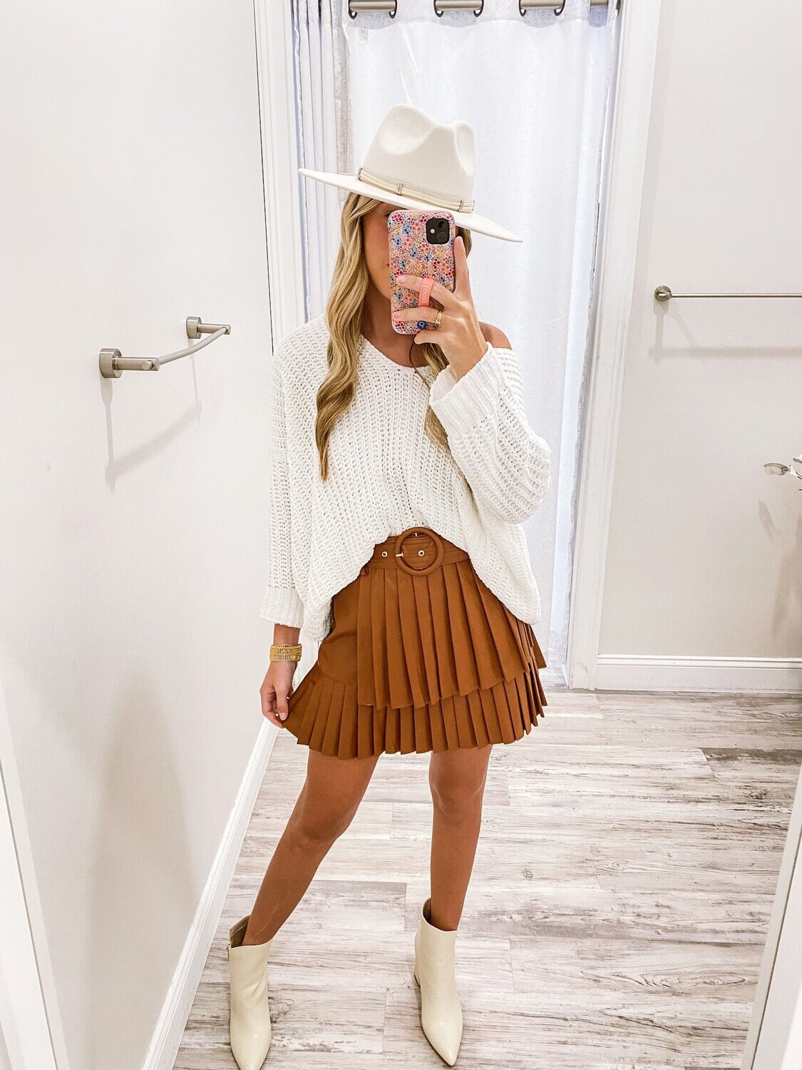 Pleated Belted Pleather Skirt - Camel