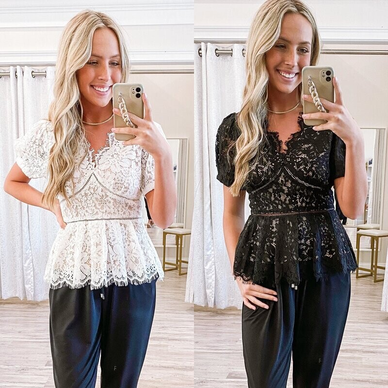 Scalloped Trim Puff Sleeves Lace Top
