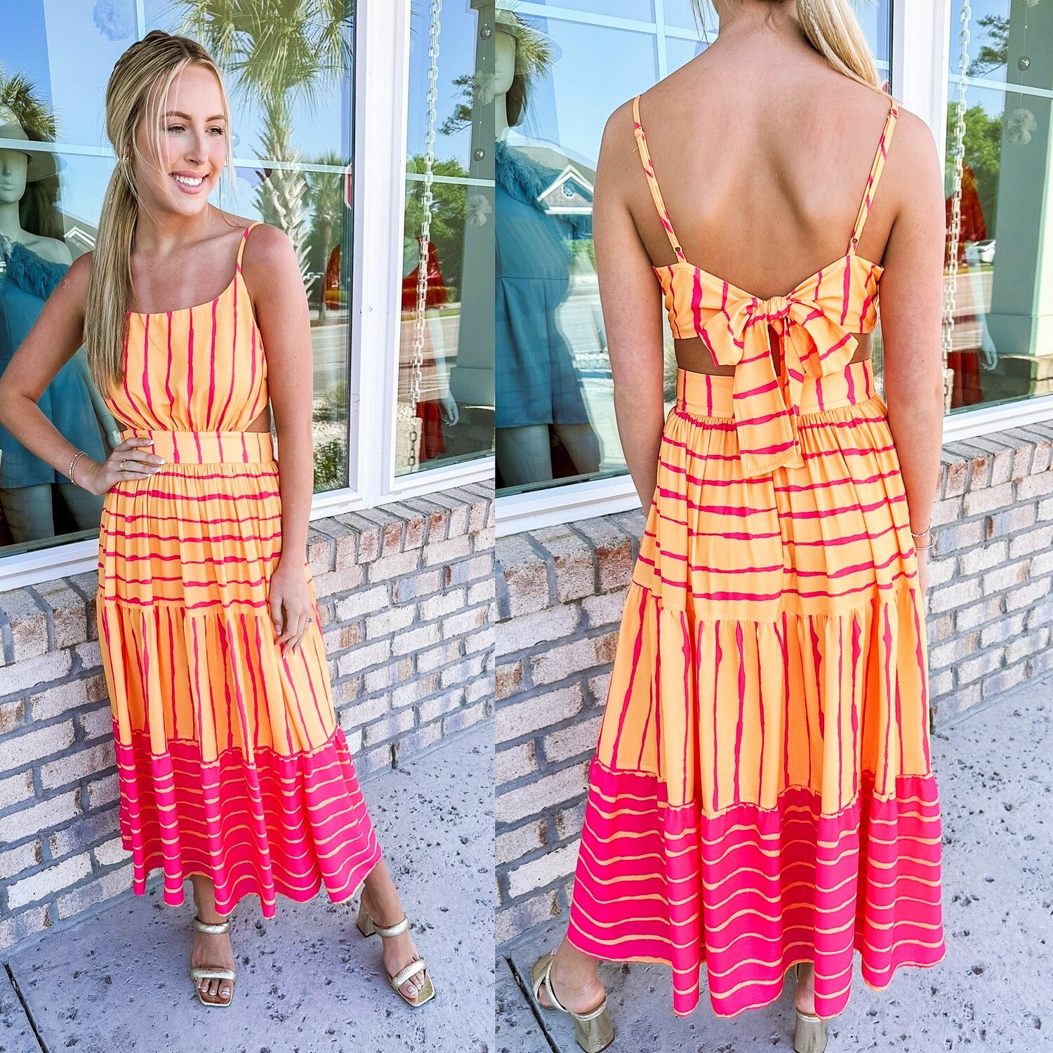 Striped Tie Back Maxi Dress - Orange/Fuchsia