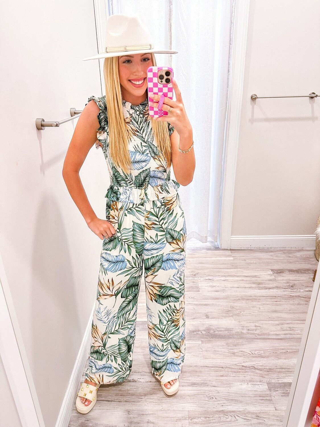 Tropical Smocked Jumpsuit - Green