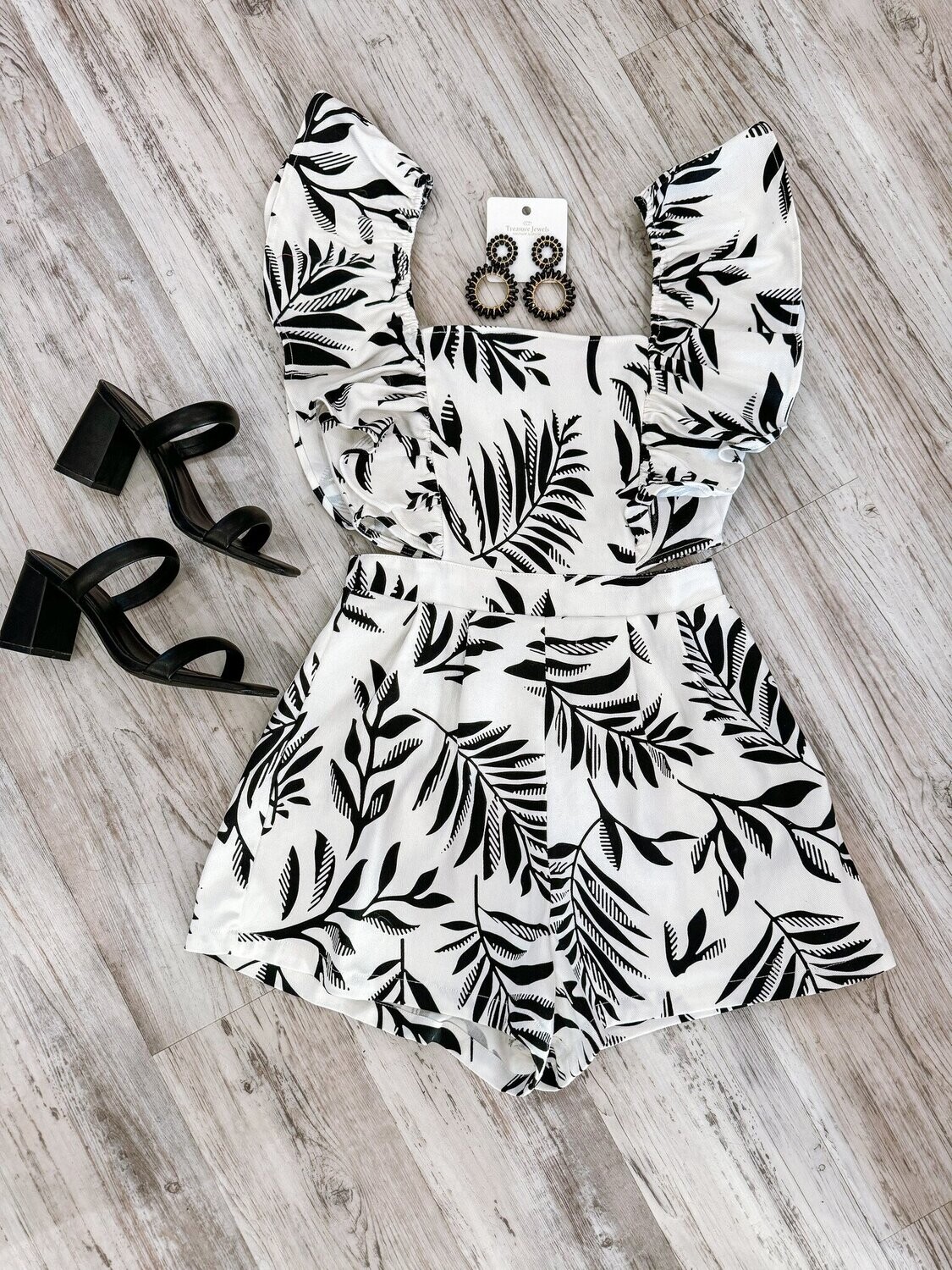 Floral Cut Out Romper - White/Black