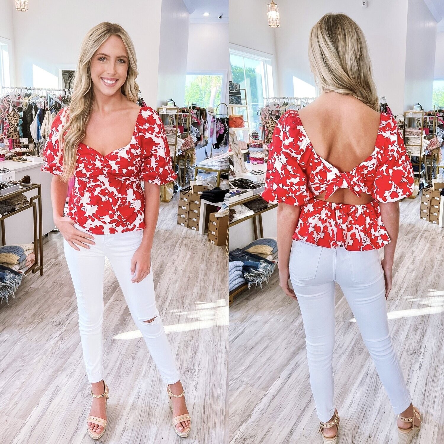 Floral Puff Sleeves Top - Red