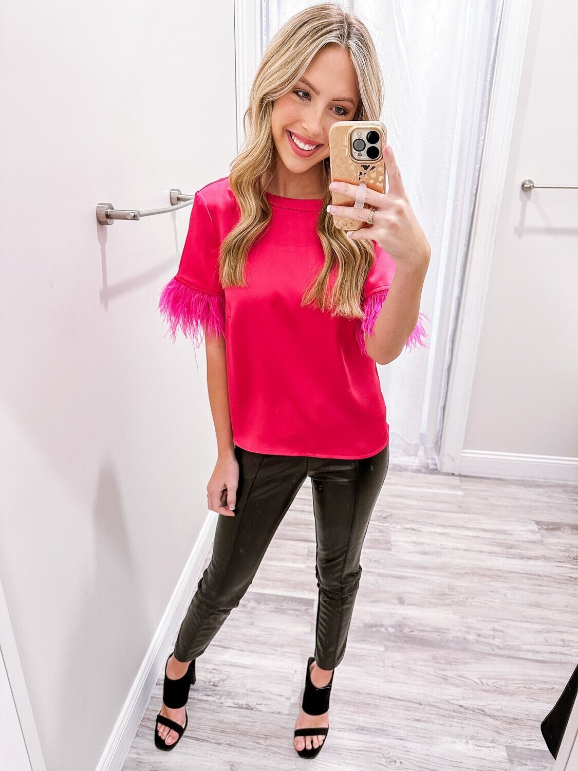 Feather Trim Satin Top - Fuchsia