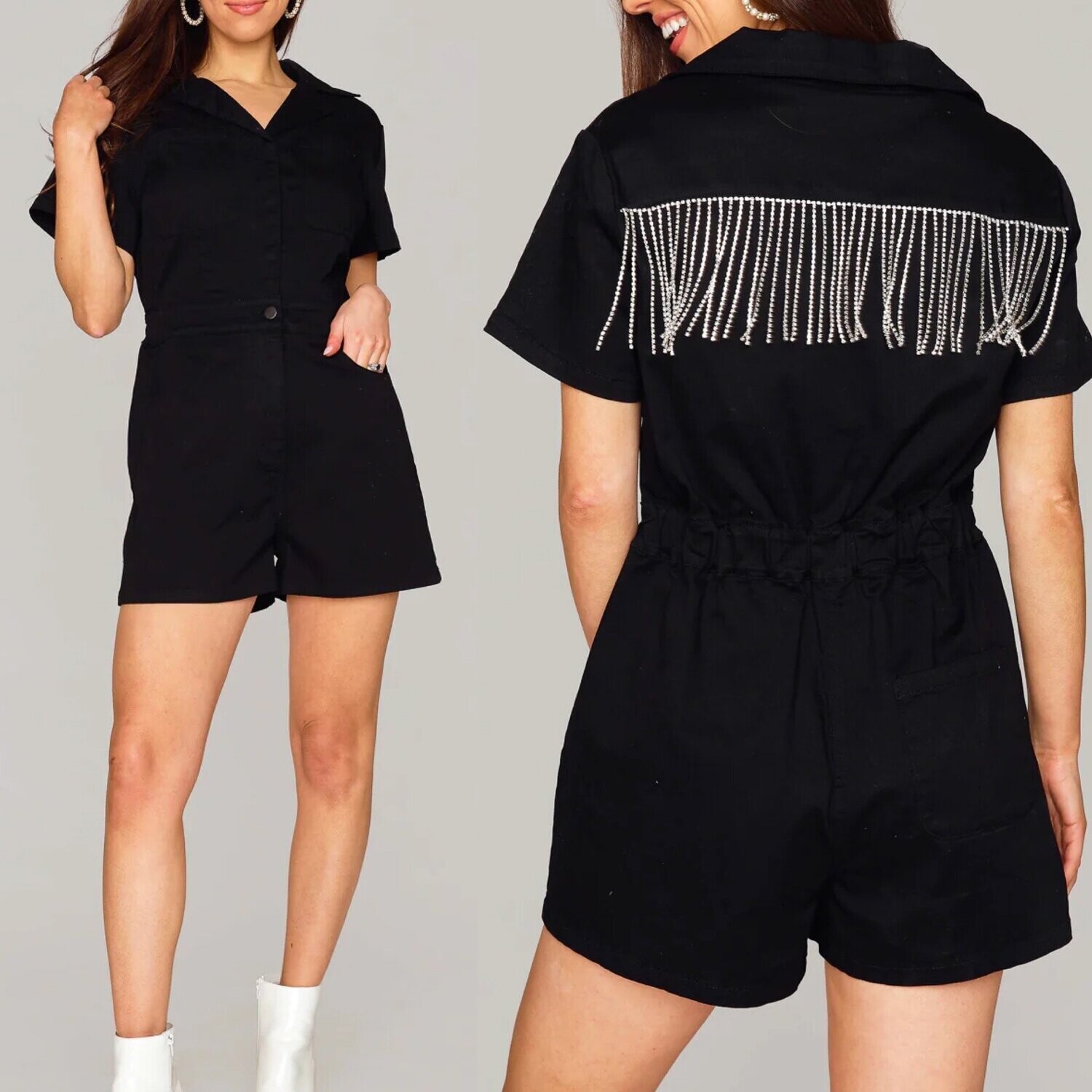 Jessie Rhinestone Fringe Denim Romper - Black