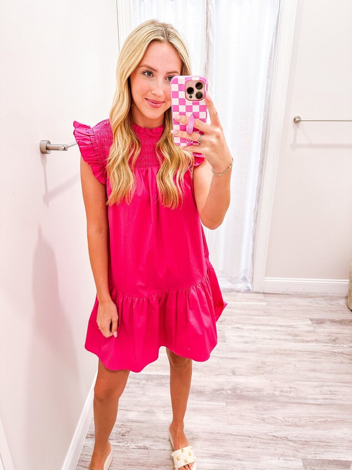 Smocked High Neck Poplin Dress - Fuchsia