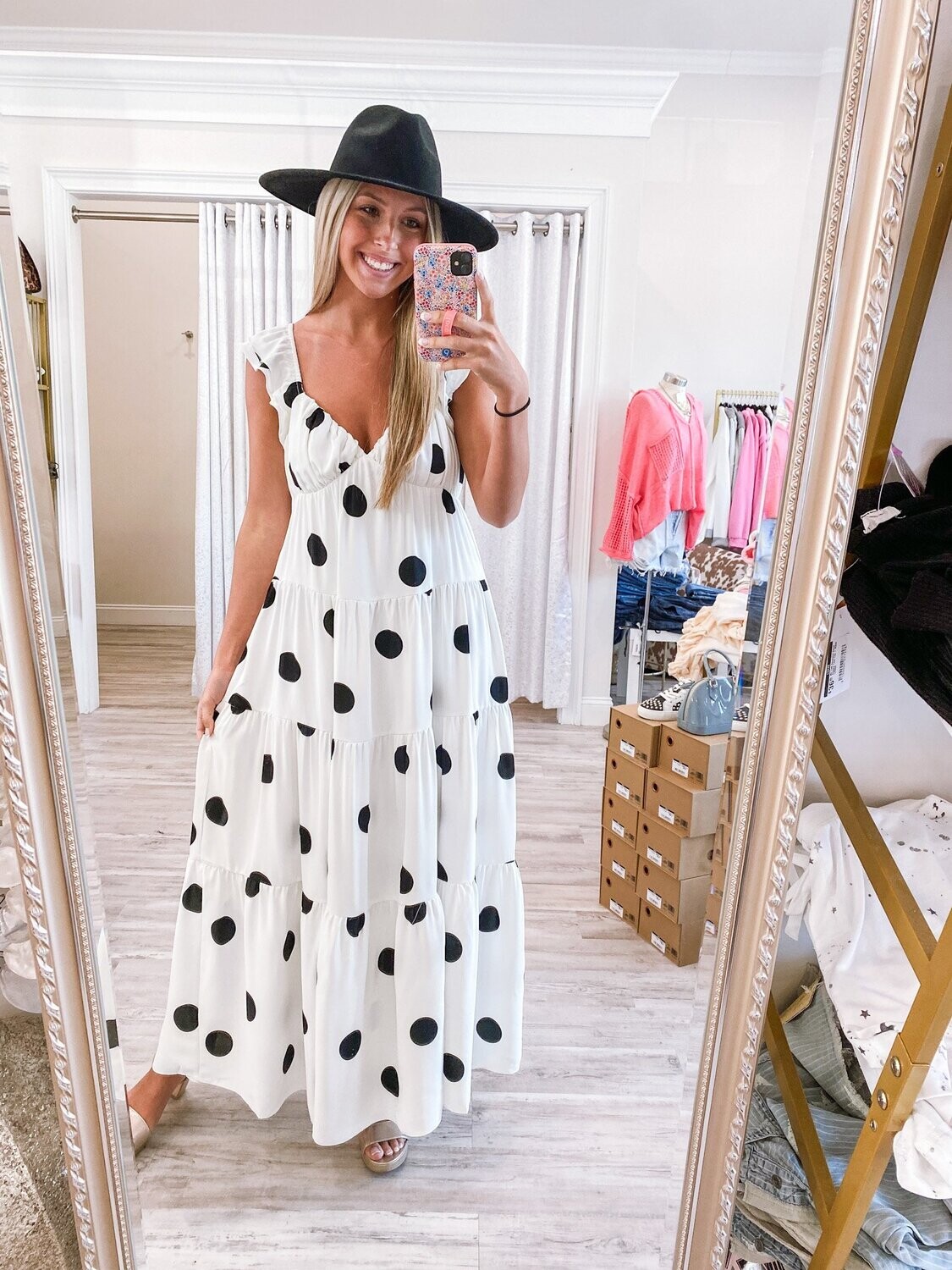 Ruffle Detail Polka Dot Maxi Dress - White