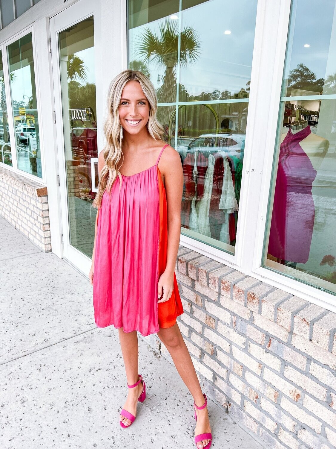 Color Block Satin Dress - Fuchsia/Orange