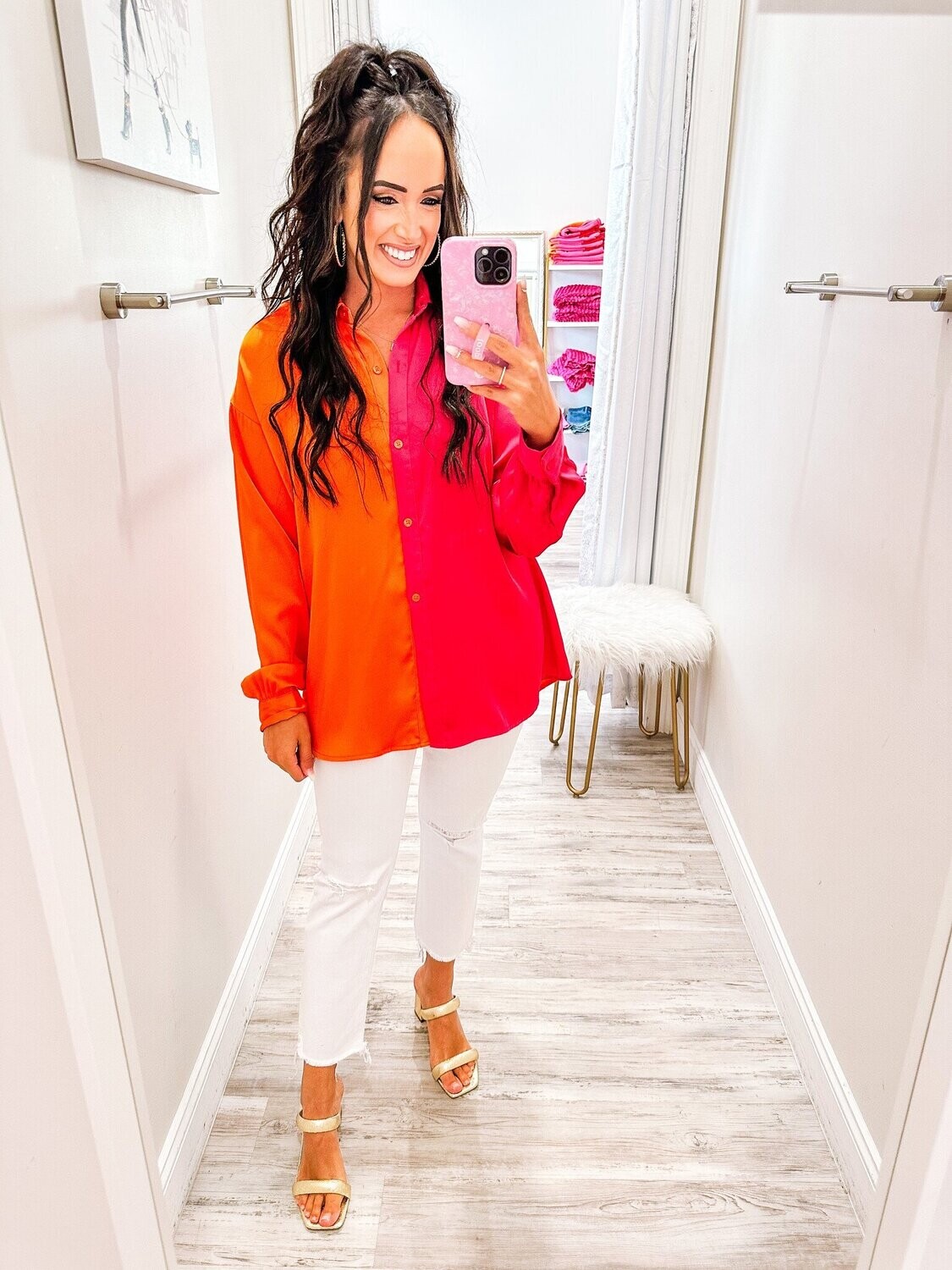 Color Block Satin Button Down Shirt - Orange/Fuchsia