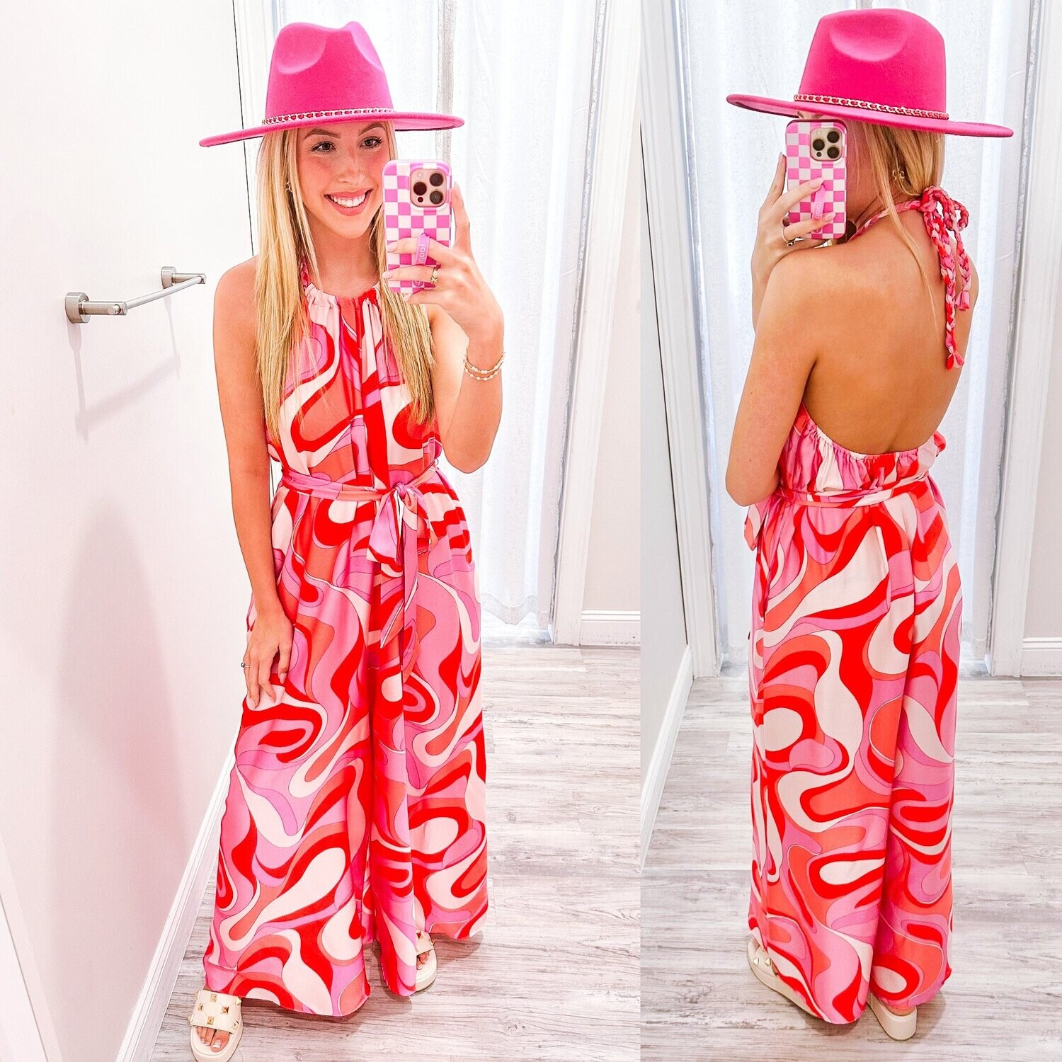Abstract Halter Jumpsuit - Pink