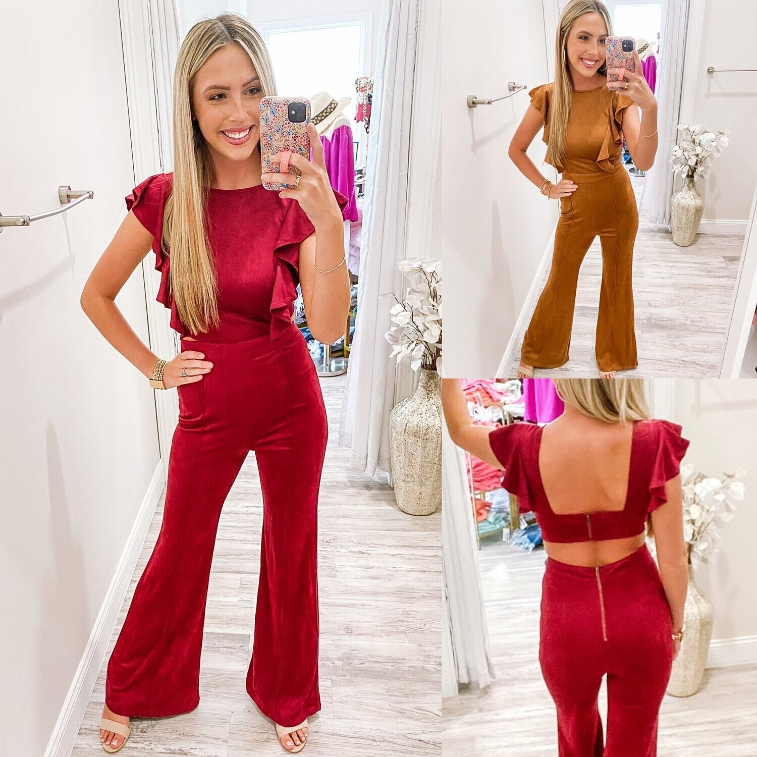 Open Back Ruffle Suede Jumpsuit