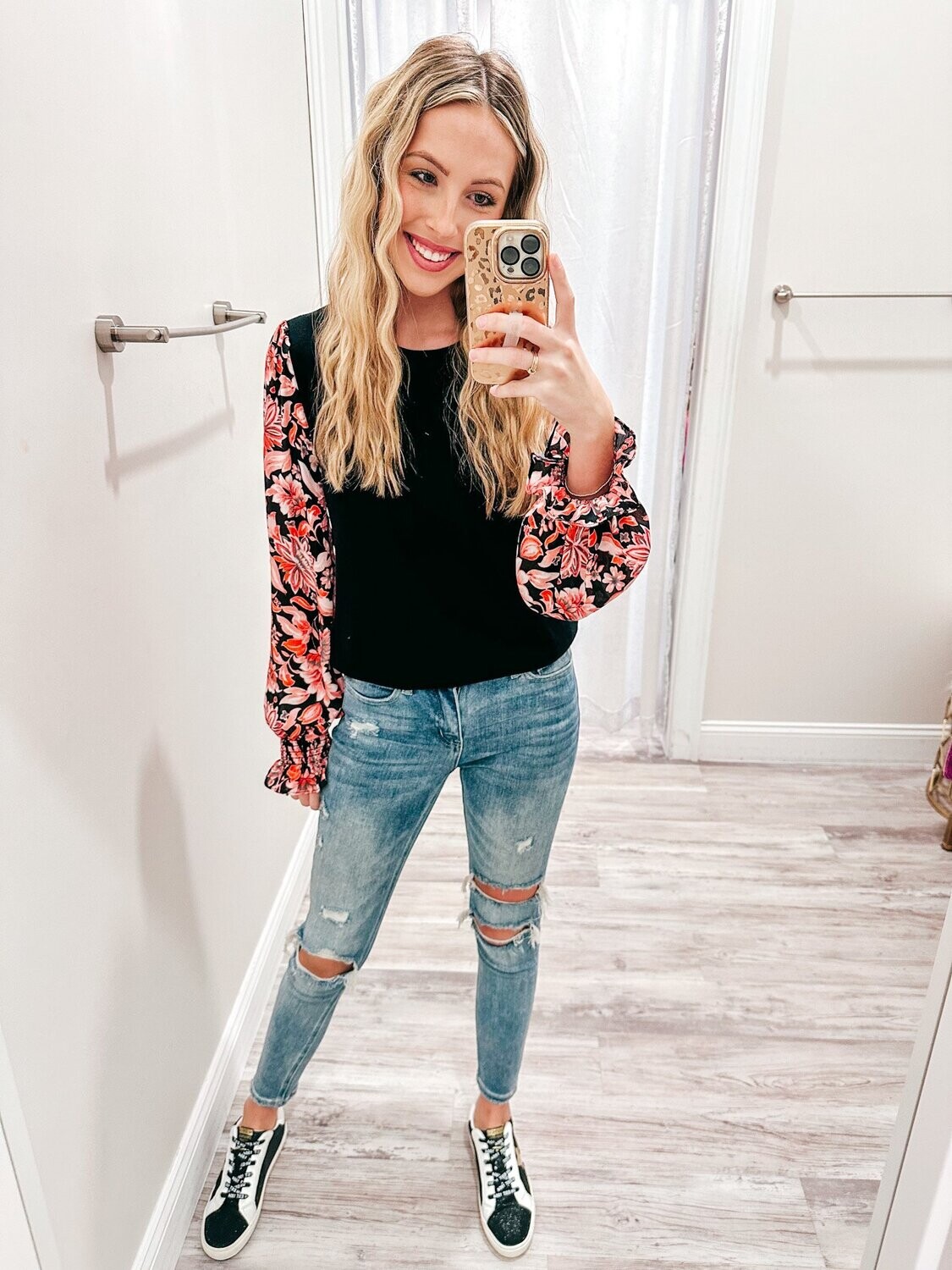 Floral Sleeves Sweater Top - Black