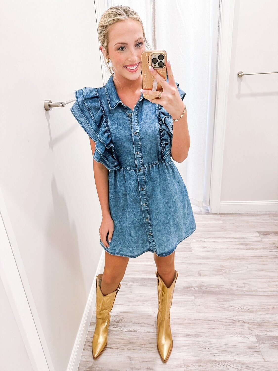 Ruffled Sleeves Button Down Denim Dress