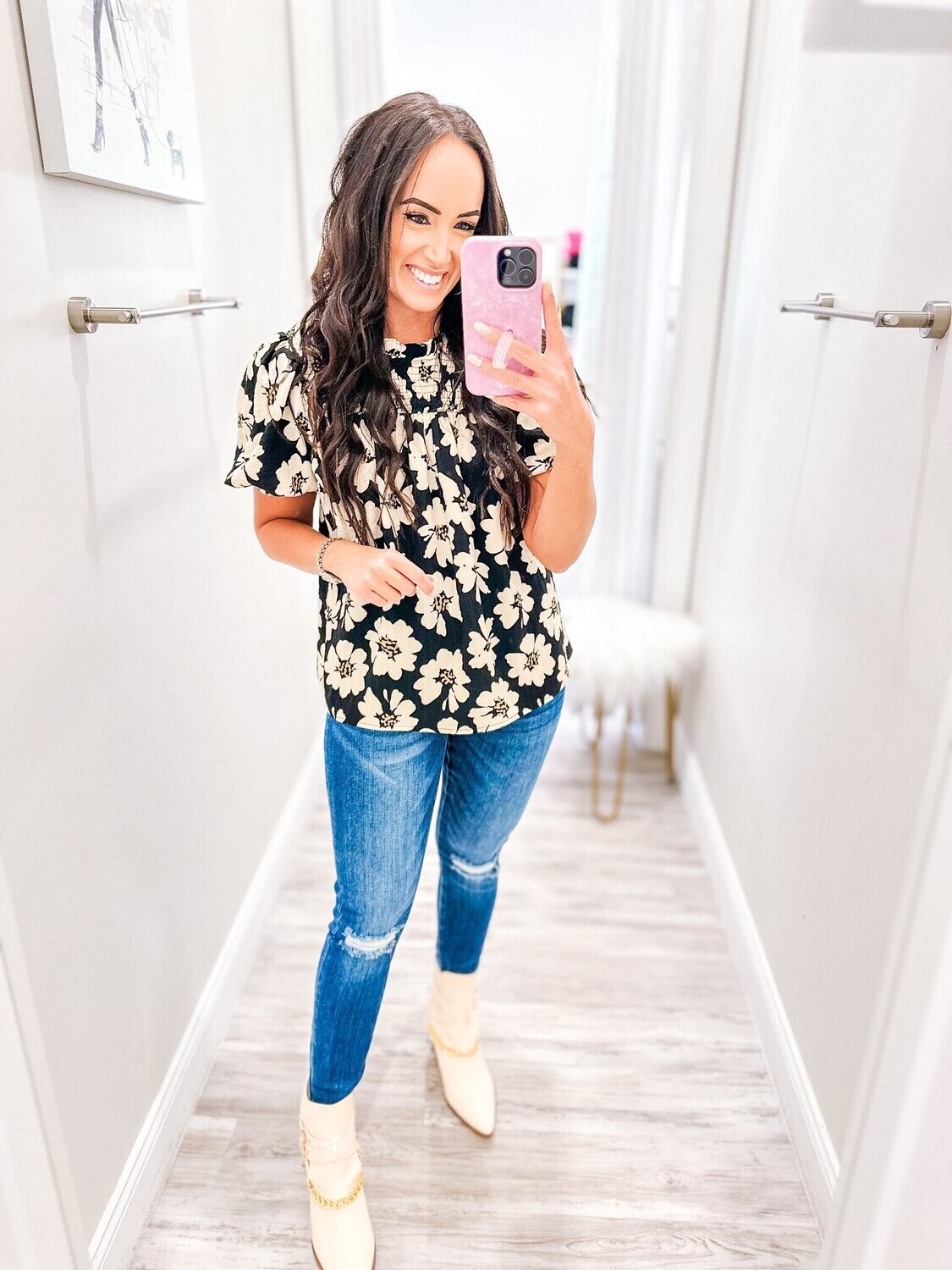 Puff Sleeves Floral Top - Black