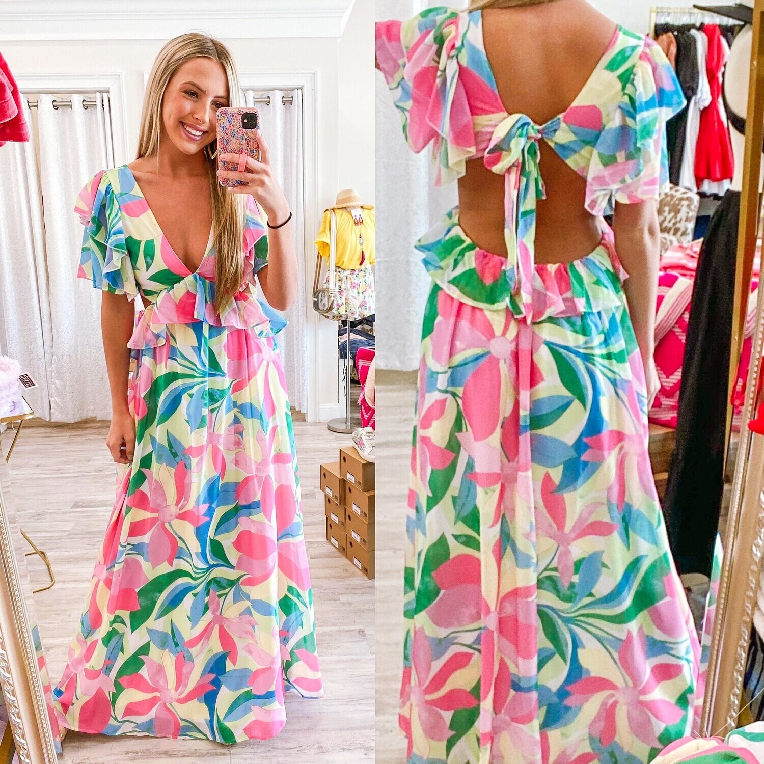 Open Back Tropical Maxi Dress - Pink/Blue