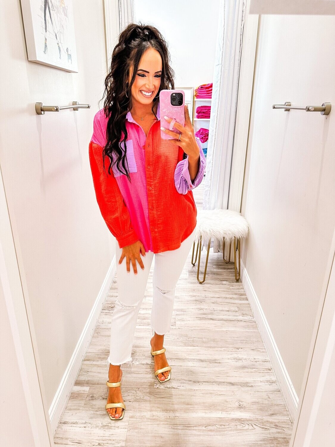 Color Block Gauze Button Down Shirt - Orange
