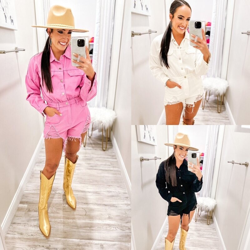 Distressed Hem Long Sleeves Denim Romper