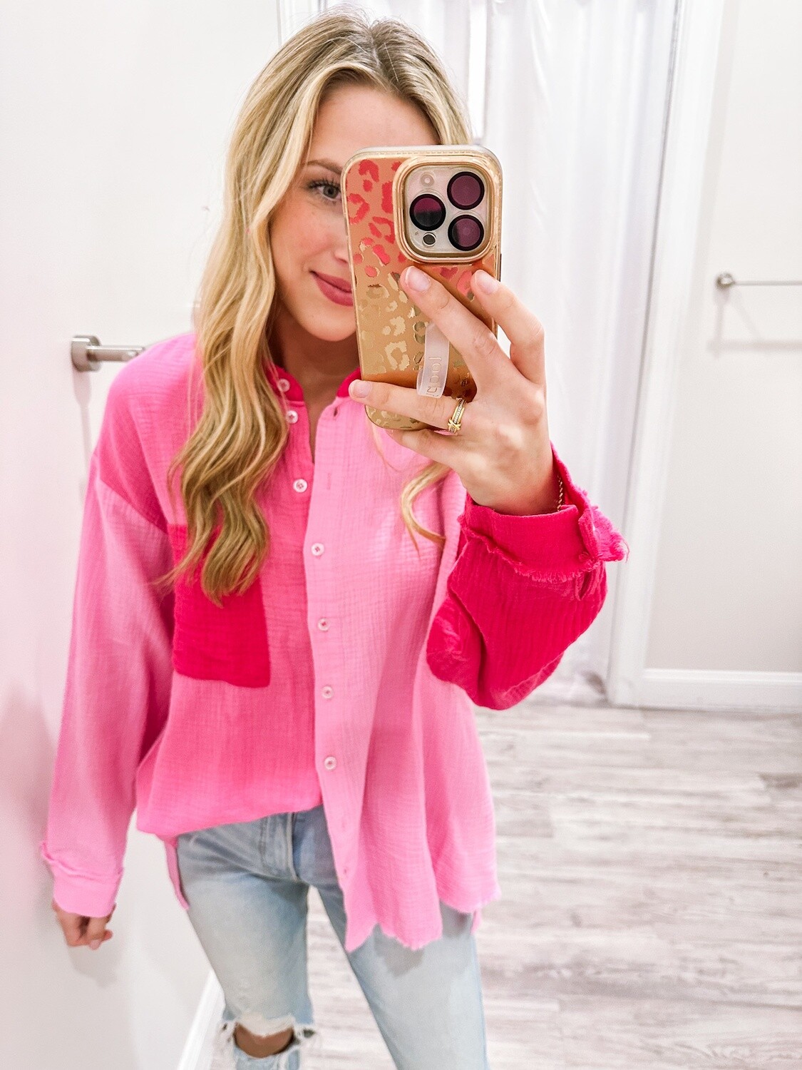 Color Block Gauze Button Down Shirt - Pink