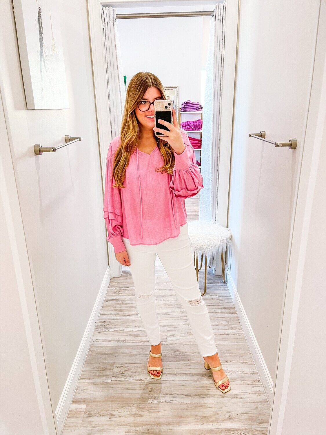Tucked Sleeves Detail Tie Detail Top - Pink