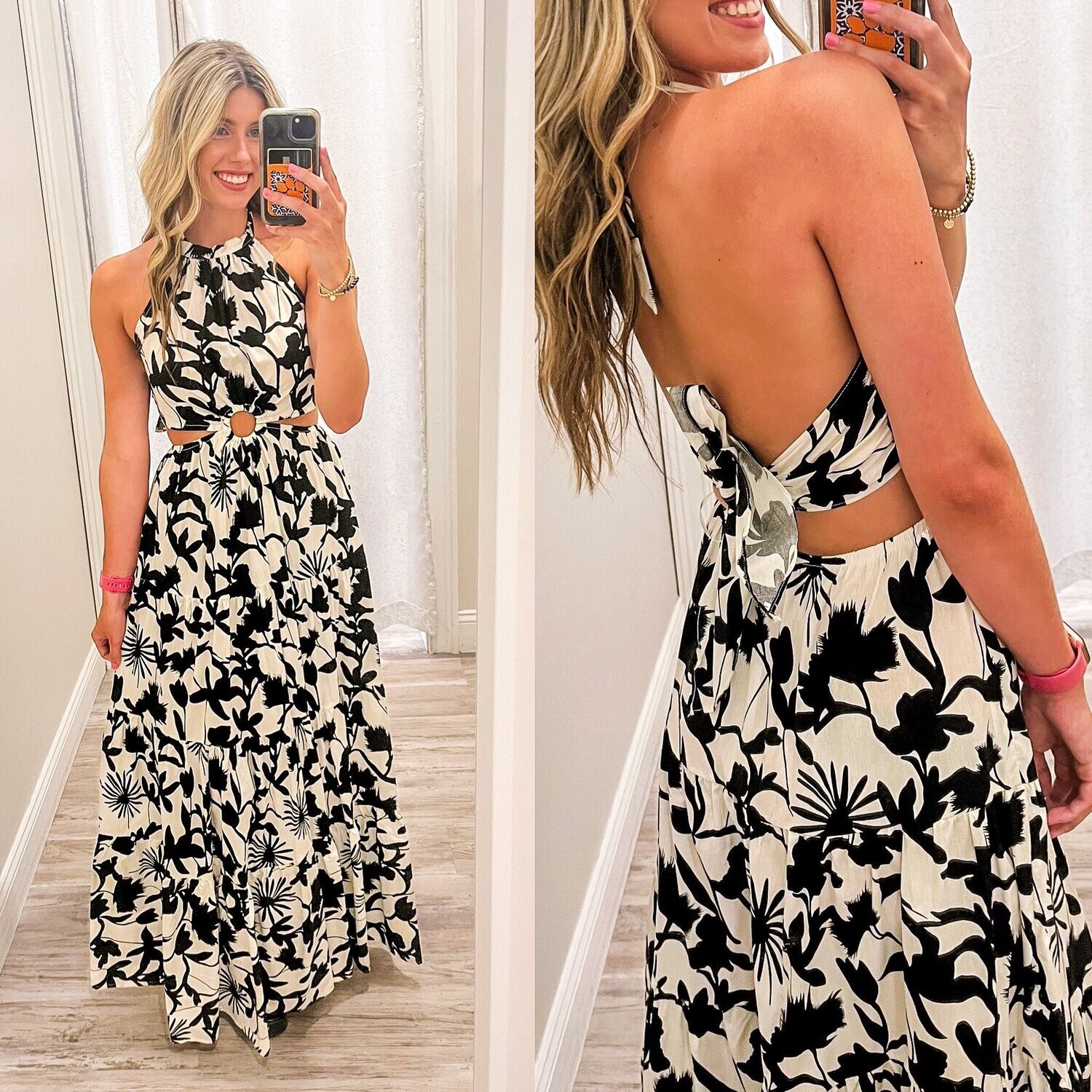 Cut Out Detail Tie Back Halter Maxi Dress - Black