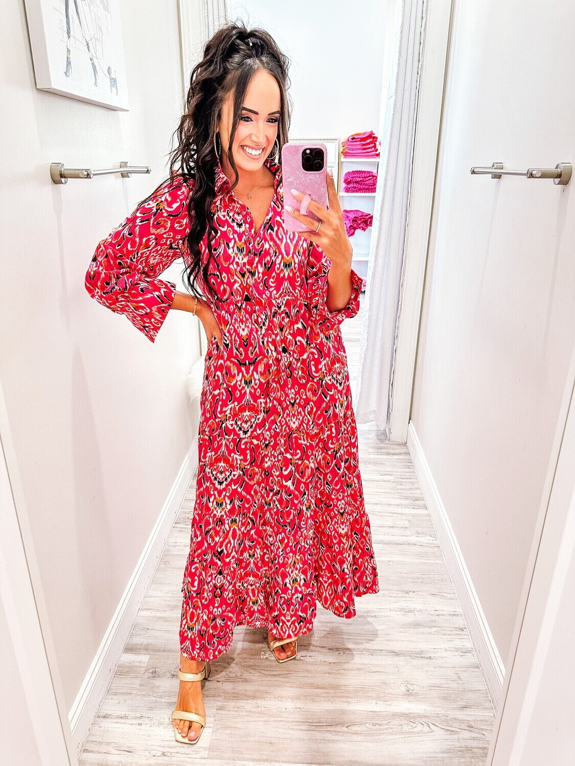 Abstract Collared Midi Dress - Fuchsia