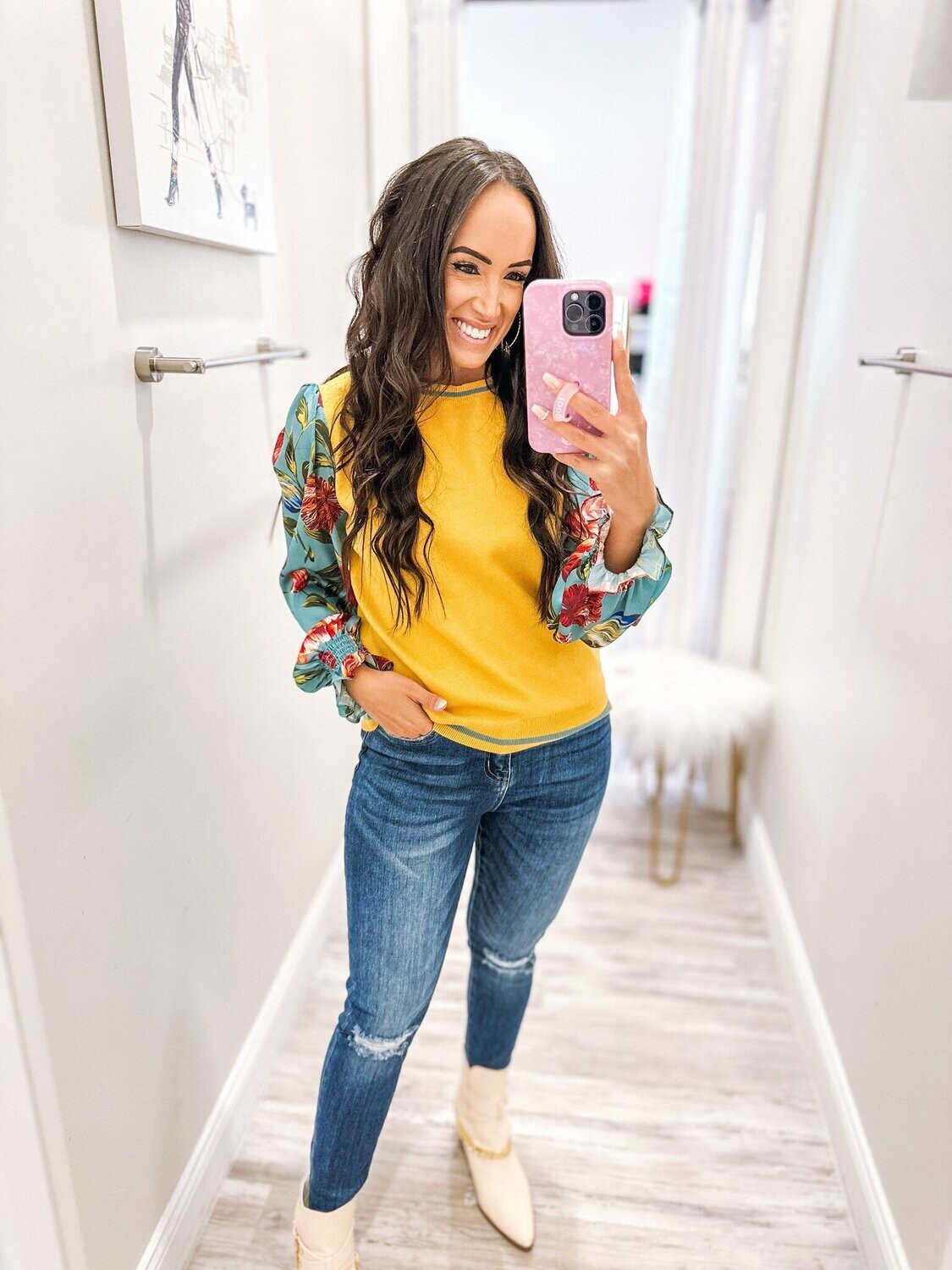 Floral Sleeves Sweater - Mustard