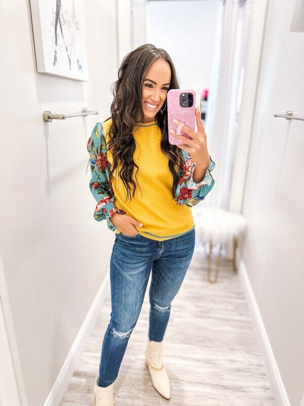 Floral Sleeves Sweater - Mustard