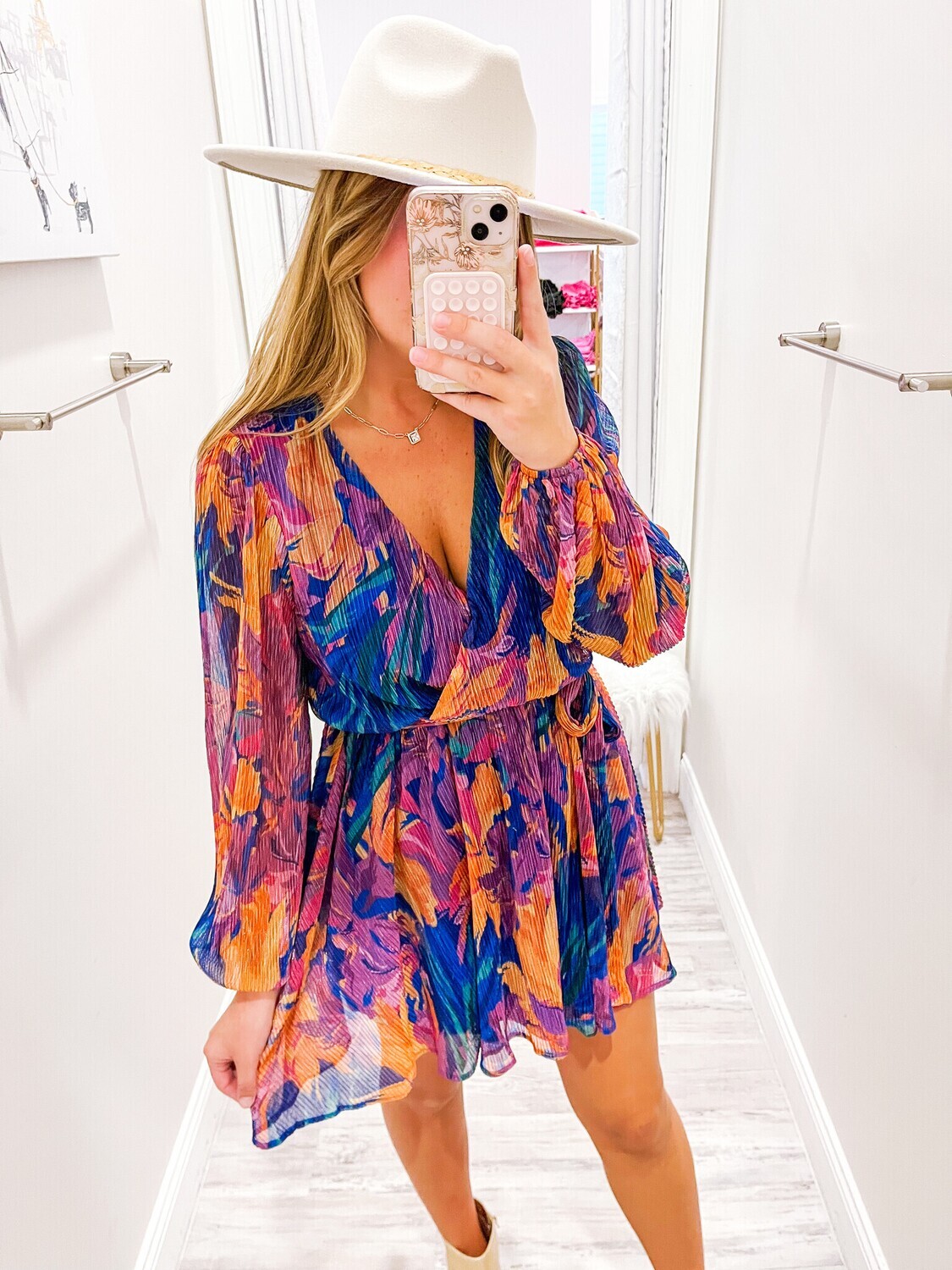 Pleated Sparkle Floral Dress - Blue